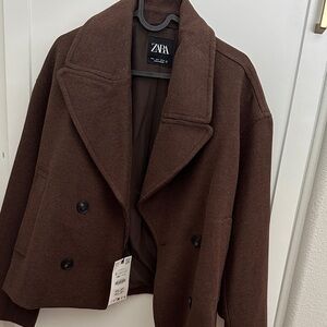ZARA Cropped Double-Breasted Jacket - Chocolate Brown